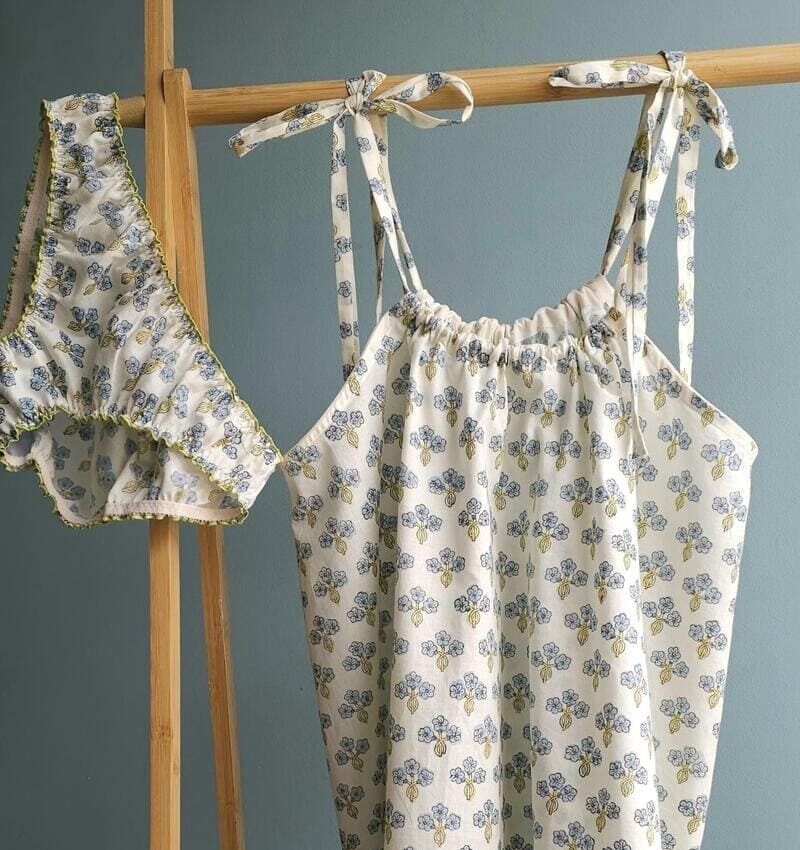 ensemble lingerie femme en voile de coton indien bleu