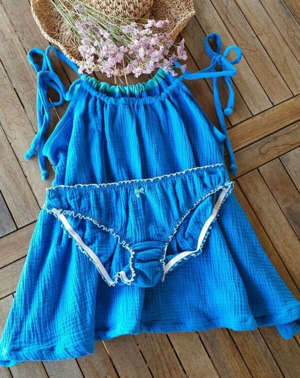 ensemble lingerie femme en gaze de coton bleu