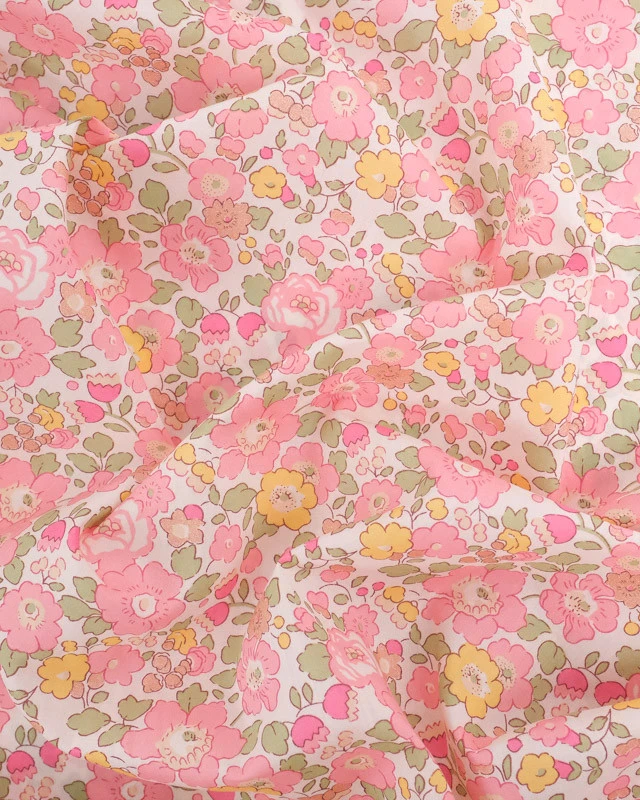 Tissu Liberty fleuri rose et vert à paillettes dorées MADEMOISELLE SING